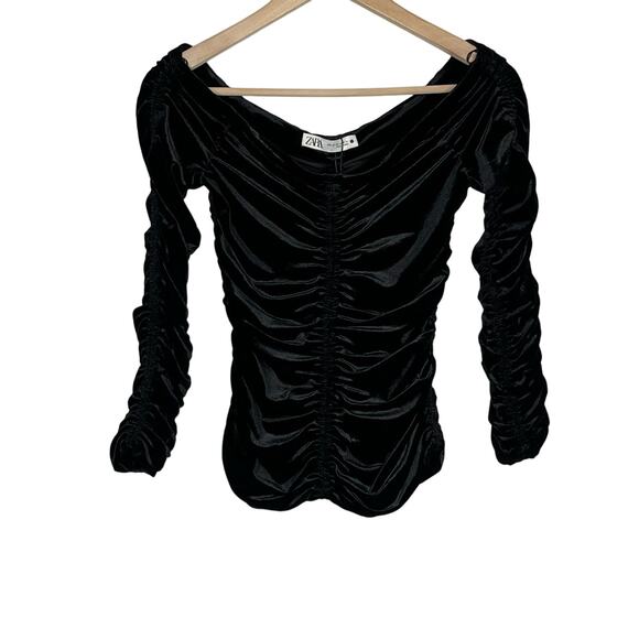 Zara Womens Velvet Off The Shoulder Ruched Pullover Top XS Black Gathered Goth - Picture 3 of 11